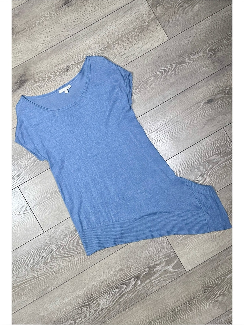 Joan Vass 100% Linen Asymmetrical Hem Short Sleeve Top Beachy Boho